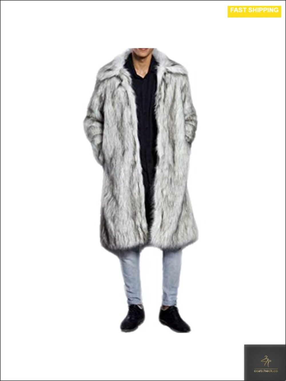 Men's Faux Fur Pea Coat Winter Insulated Jacket with Notch Lapel Long Sleeve